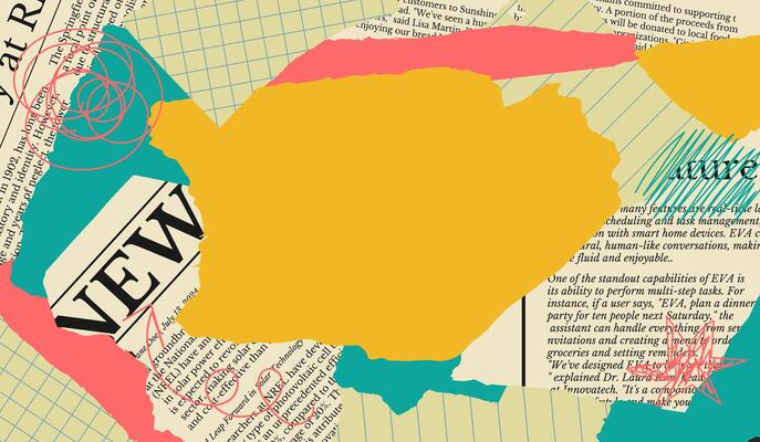 Collage background with cut piece torn paper newspaper with blank space. Abstract frame slice note paper in trendy style.