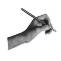 Halftone hand hold pencil on isolated background. Education concept. Pen cutout collage element vector