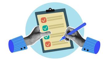 Halftone hand holds pen and write clipboard with checklist in trendy style. Checklist to complete project task vector