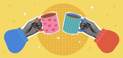 Background with halftone hand hold cup of tea. Banner with hot drink. Hands holding reusable mug in trendy style vector