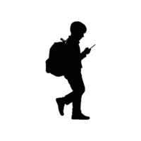 a silhouette of a boy with a backpack and a cell phone vector