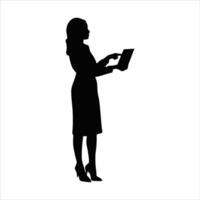a silhouette of a official woman standing with laptop vector