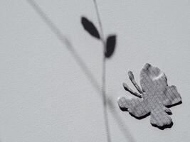 Silver painted cardboard butterfly on white wall and tree silhouette for copy space, nature and environment concept. photo