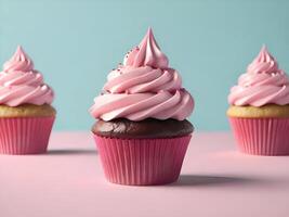Delicious cute cupcakes on pink background photo