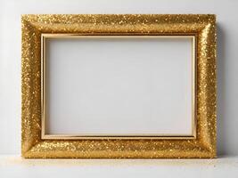 Empty gold frame, golden glitter on white background, copy space, banner or title. photo