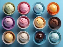 Set of ice cream balls or scoops in bowls pastel colors photo