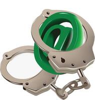 Pair of handcuffs restraining green at symbol for internet censorship vector