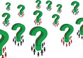 Groups of people discussing around big question marks vector