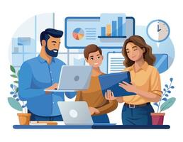 Business team collaborating on laptop, diverse group working together vector