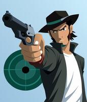 Man with hat is aiming gun at target practicing shooting vector
