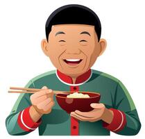 Happy asian man eating rice with chopsticks vector