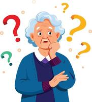 Old woman thinking and having many questions with question marks around her head vector