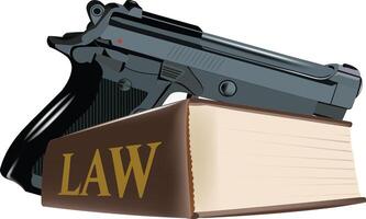 Law book with handgun resting on top symbolizing gun law vector