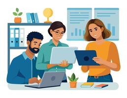 Business team collaborating on laptop, diverse group working together vector