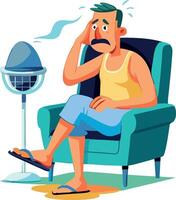 Exhausted man suffering from heatwave sweating at home vector