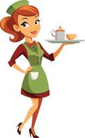 Smiling waitress holding a tray with teapot and cup vector