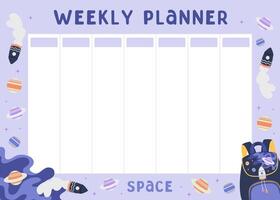 Weekly planner with Cosmic illustration. Girl and boys bag with spaceship, planet, star background. Back to school concept. Lifestyle planner for 7 days. Schedule design template. illustration. vector