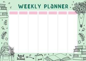 Weekly planner with School doodles. Books, backpack and flowers for first day of school. Back to School background. Cute lifestyle planner is for 7 days. Schedule design template. illustration. vector
