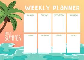 Summer Weekly planner with Ocean waves and palm trees. Tropical vacation. Beach holiday elements and activities. lifestyle planner is for 7 days and notes. Schedule design template illustration vector
