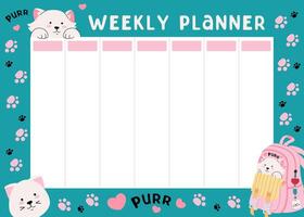 Weekly planner with Pink school backpack and cat. Cute white fluffy cat, footprints background. Back to school concept. Lifestyle planner for 7 days. Schedule design template. flat illustration vector