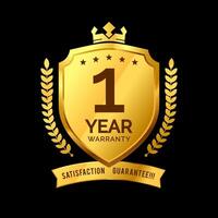 label 1 year warranty protective icon badge . design the shape of a golden shield with a king's crown. illustration eps 10 vector