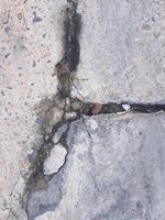 There were cracks in the road and there were two small grass plants. The cement floor was cracked, showing rocks and sand that were different in color and shape, creating strange new patterns. photo