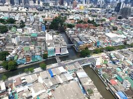 An aerial view from the top of a building showing the city below with a small river, streets, houses and skyscrapers in the background.Photography. photo