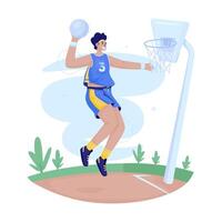 Flat design of a man playing basketball jumping putting the ball into the basket vector