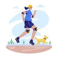 Flat design of a happy girl play roller skating with her dog vector