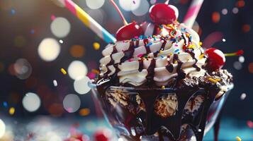 Summery Ice Cream Sundae with Cherries and Chocolate Drizzle photo