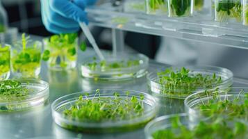 Microalgae Growing in Petri Dishes in Laboratory Setting photo