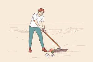 Man volunteer cleans beach of trash to prevent ocean pollution from plastic and bottles vector