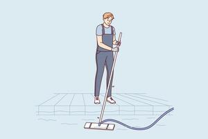 Man pool cleaner uses electric hoover with hose to suck out algae and debris from bottom vector