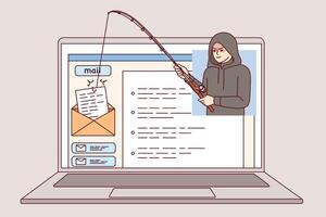 Hacker uses phishing to hack email via internet on laptop and steal confidential emails vector