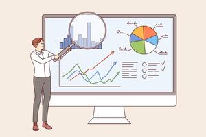 Man business analyst demonstrates charts in CRM system, standing near large computer monitor vector