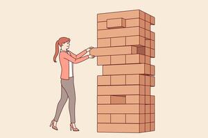 Woman plays jenga game, pulling blocks from giant tower, to develop skills equilibrium and balance vector