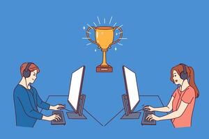 Gamers participate in esports game tournament, sitting at tables with computers near gold cup vector