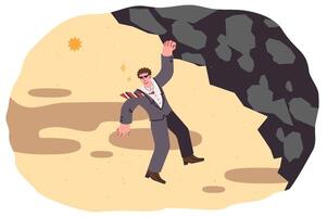 Business man is hanging on cliff at risk of life, and may fall due to dangerous adventure vector