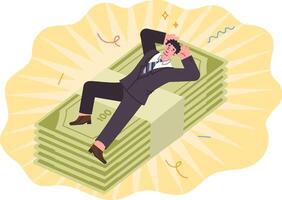 Financial pillow allows man to avoid unnecessary stress and risk, and lie on large wad of money vector