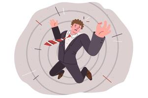 Loser business man falls into abyss and flies down, due to mistake and dismissal from work vector