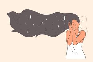 contento mujer duerme en cama y ve positivo Sueños y cielo con ver de estrellas en interminable universo vector