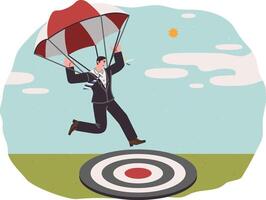 Business man achieves goal by falling on target thanks to use of parachute and career ambition vector