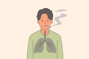 Man smoker with lung cancer suffers from nicotine addiction, stands with cigarette in mouth vector