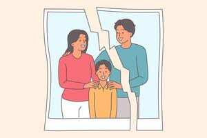 Portrait of divorced married couple with boy, with gap in middle, for concept of quarrel spouses vector