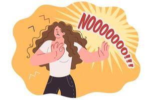 Frightened woman screams no, resisting discrimination and trying to stop unacceptable actions vector