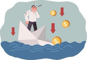 Business man failed and is at risk of going bankrupt due to crisis, stands on sinking paper ship vector