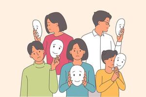 People hide negative emotions behind masks with smile to hide mood and pretend to be happy team vector
