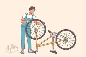 Man is bicycle repairman, fixing wheels or assembling cycle from purchased spare parts vector