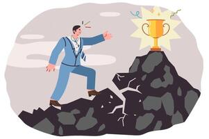 Businessman reaches for trophy, regardless of risk of cliff collapsing and falling down vector