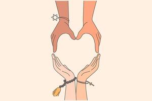 Interreligious harmony and friendship of different people together making heart sign from hands vector